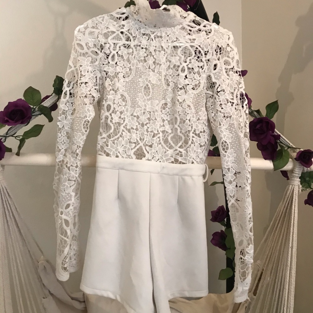 White high neck crochet romper